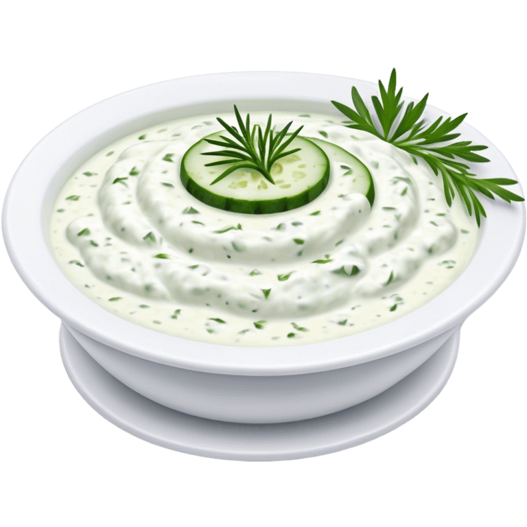 Cinematic Realistic Tzatziki Dish Emoji, featuring a creamy, tangy yogurt sauce with cucumber and herbs rendered with soft textures and cool, refreshing lighting. emoji