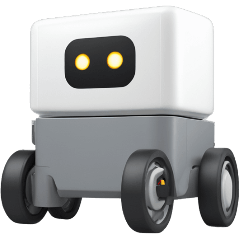 solid horizontal rectangle gray delivery robot with white circle white led eyes and opening lid on 4 wheels, minimalistic design emoji