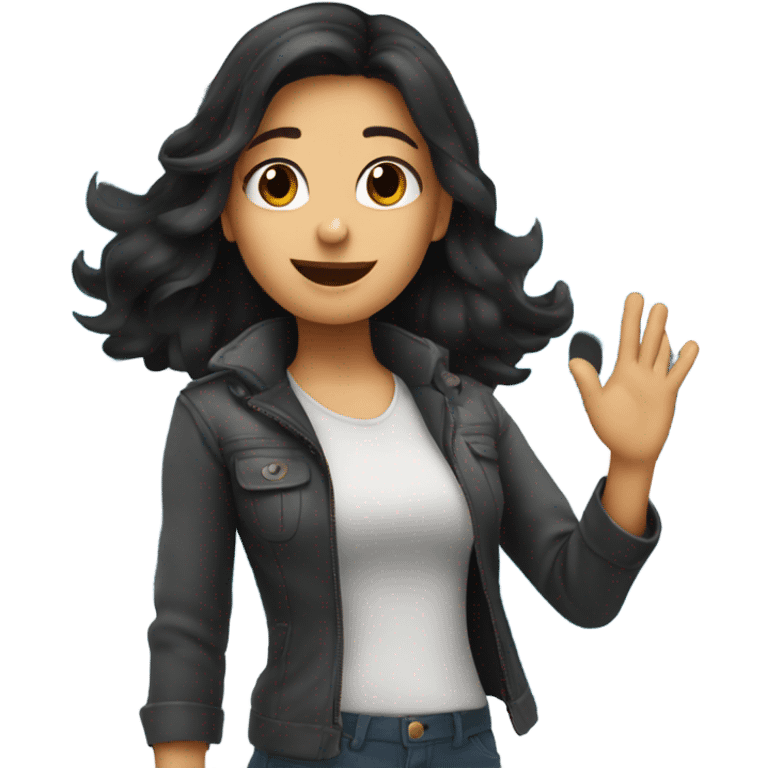 Girl with dark hair waving goodbye in front of a plane emoji