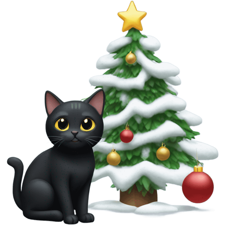 Black cat next to a white Christmas tree emoji