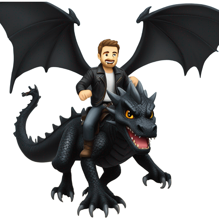 Confident White Man with dark brown hair and a short beard wearing black leather jacket and pants riding on the back of a giant black dragon emoji