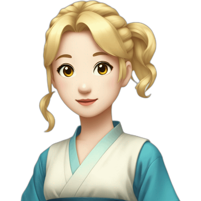 Japanese anime-inspired young girl with radiant golden blonde hair tied in a ponytail and mesmerizing azure eyes emoji