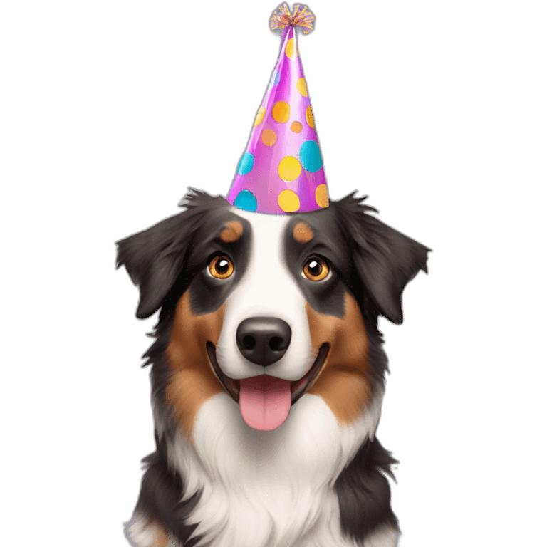 Australian shepherd wearing birthday hat emoji