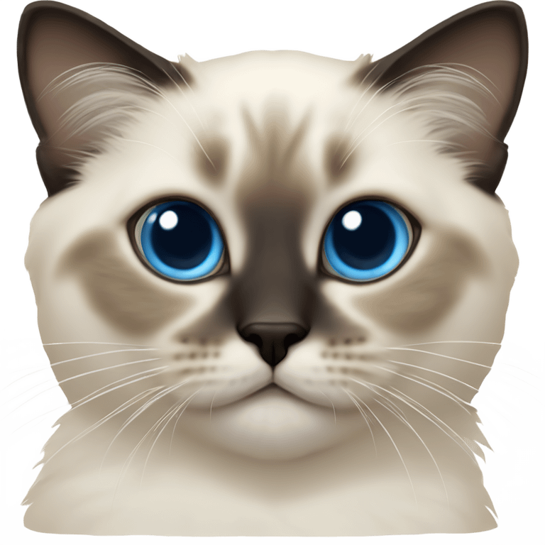 an entire birman kitten, small face, some spots of dark on the ears and middle of the face, blue eyes, laying down relaxed on a shoulder. emoji