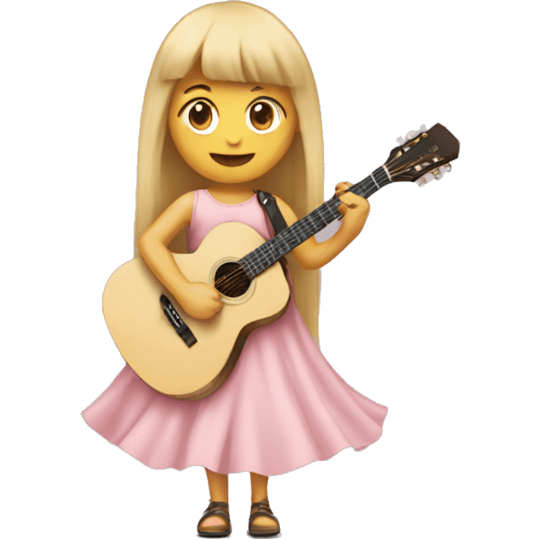 Girl with long blonde hair and bangs, wearing a baby pink long dress, playing acoustic guitar  emoji