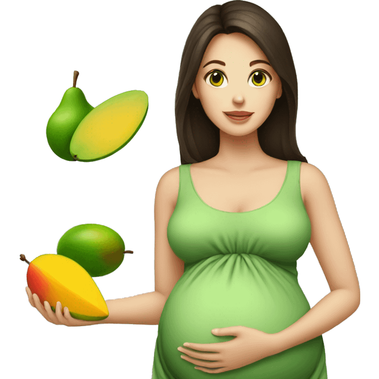 A brunette lady with green eyes pregnant with a mango emoji