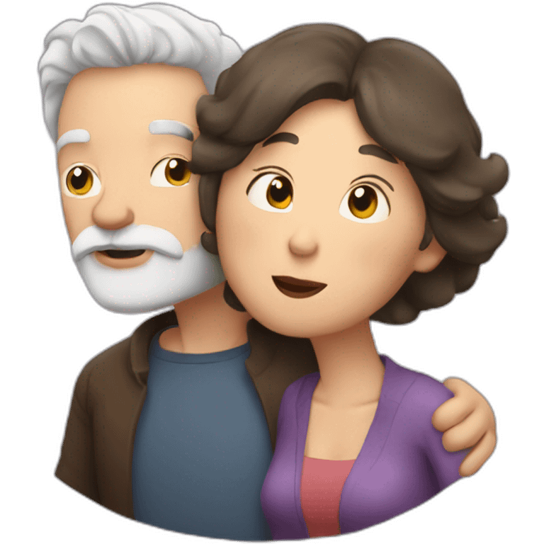 Man with gray hair and white beard kisses a woman with dark brown hair emoji