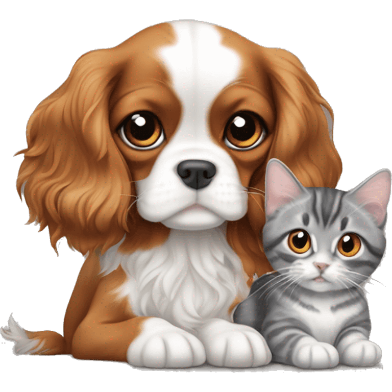 Cavalier King Charles Spaniel puppy sits next to a British gray tabby cat emoji