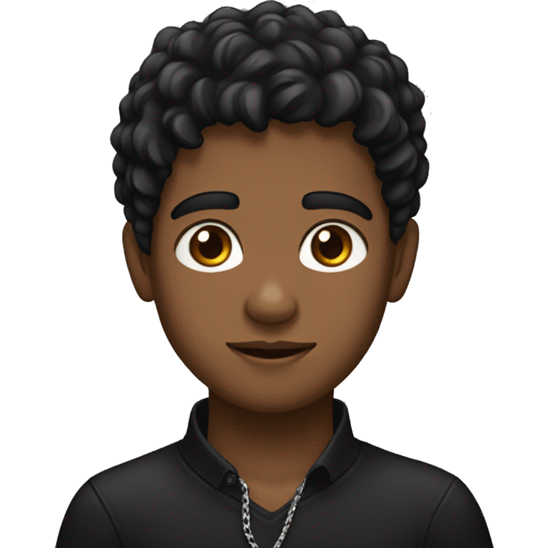 A brown skinned boy with an edgar and black coloured hair and brown eyes and a black shirt with a silver chain around his neck emoji