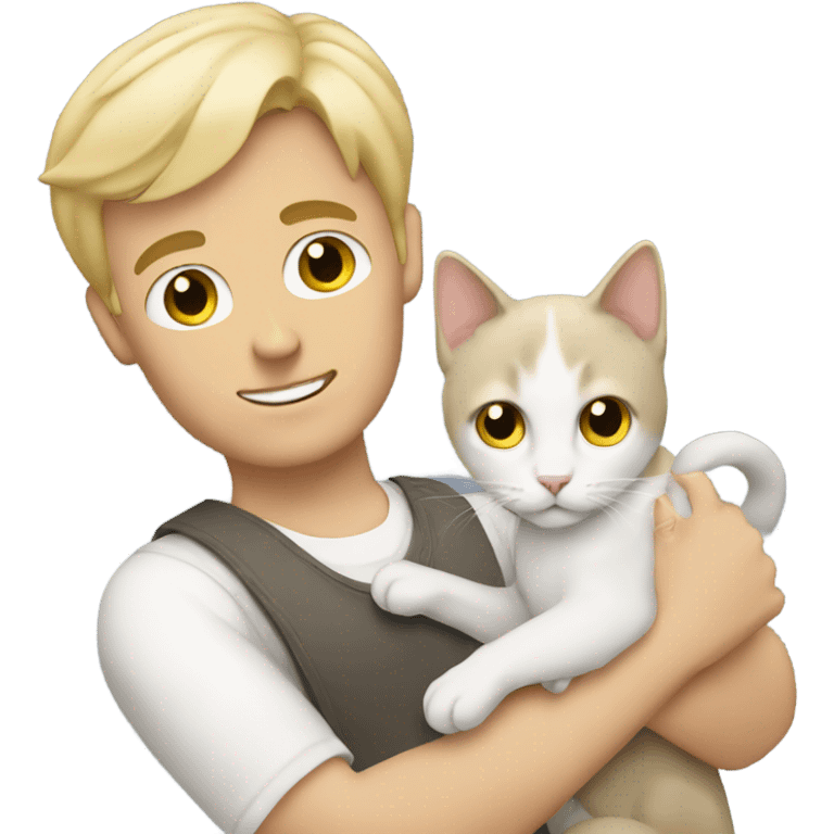 Blonde haired guy holding a white and gray cat emoji