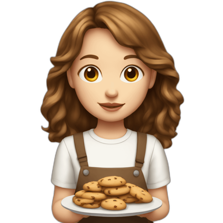 Young girl with brown hair and curtain bangs holding a plate of cookies white shirt emoji