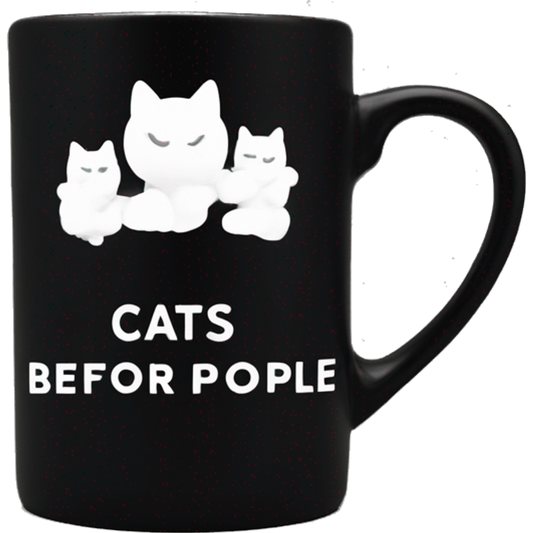 Black coffee mug with writing in white that says cats before people emoji