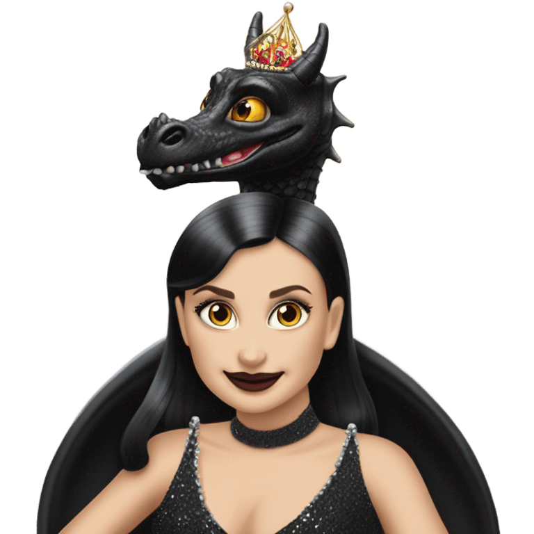 Lavish Victorian evening gown, young Morticia Addams Jedi wearing a mini tiara, riding on the back of a very large black shiny evil-looking fire-spewing horned dragon emoji