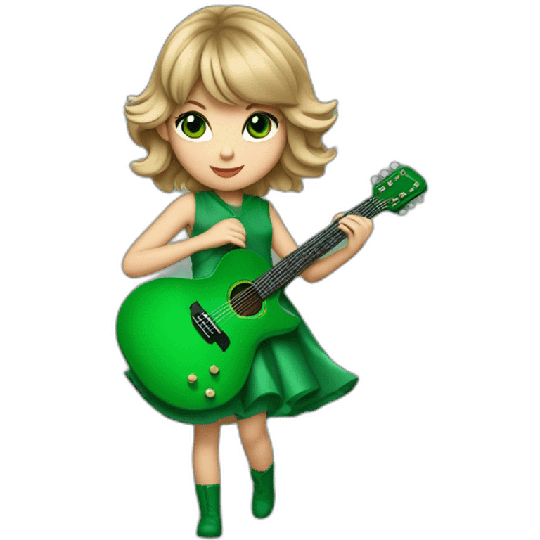 Taylor swift avec une robe vert jouant de la guitare avec des magnifiques oeils emoji