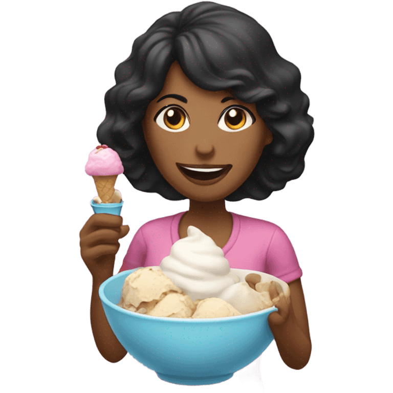 A mid age woman with black hair eating ice cream emoji