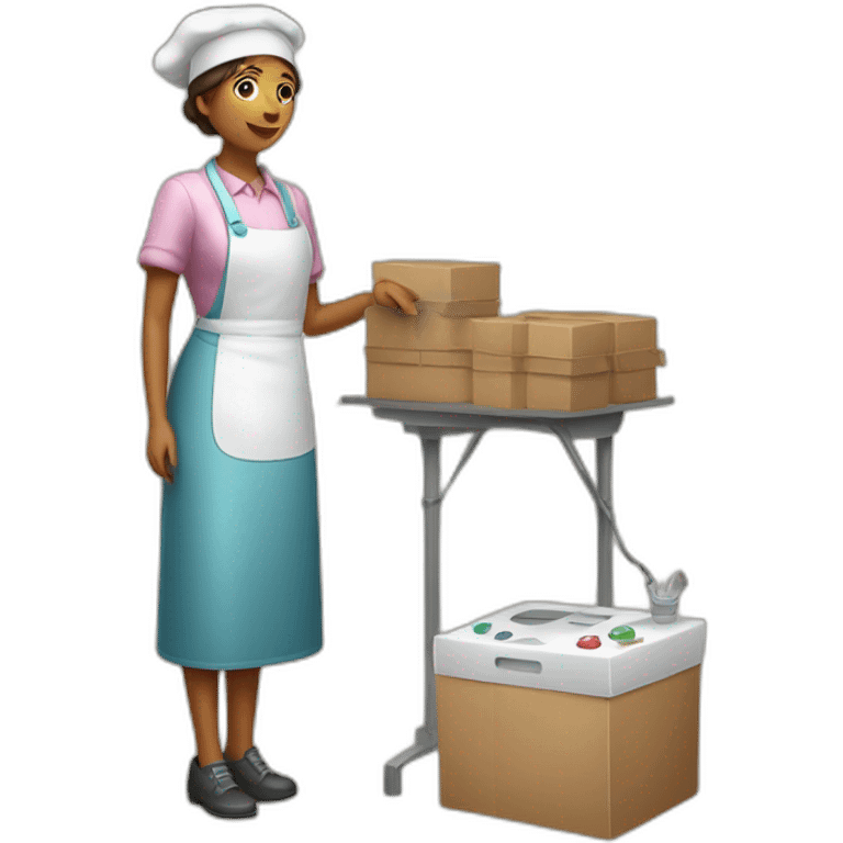 woman confectioner in full length with a mixer and boxes on the ground emoji