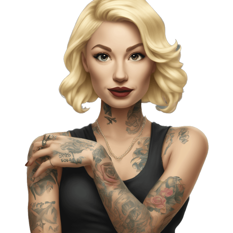 Blonde elegant women, her Body Covered with Tattoos, POINTING YOU with her ONE HAND , Hyper realistic emoji