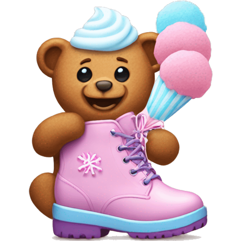 Gingerbread bear eating cookie and wearing cotton candy boots emoji