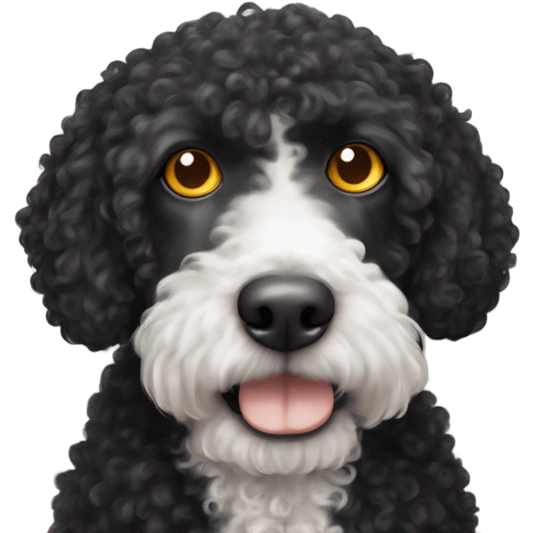 Spanish curly water dog black with white spot on its chest together with orange cat that has yellow eyes emoji