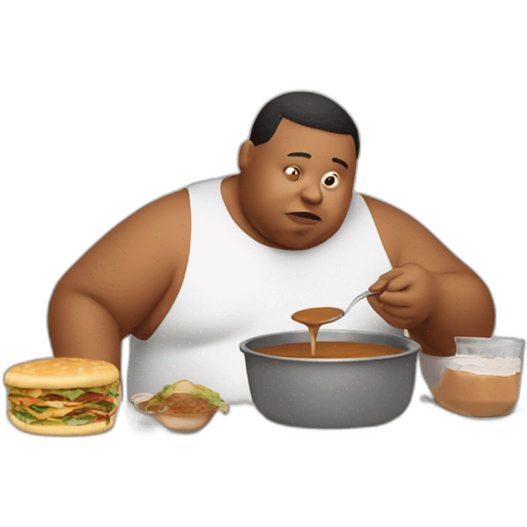 Obese man eating gravy at the computer emoji