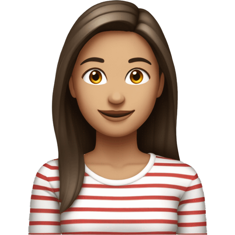 Portrait of an adult girl, tanned skin, dark long straight brown hair, dark eyes, smiling, wearing a white long sleeve with red horizontal narrow stripes. emoji