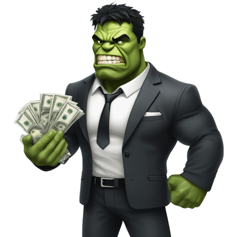 Hulk in ripped business suit offering money emoji