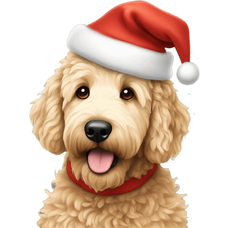 Golden doodle with a Santa hat emoji