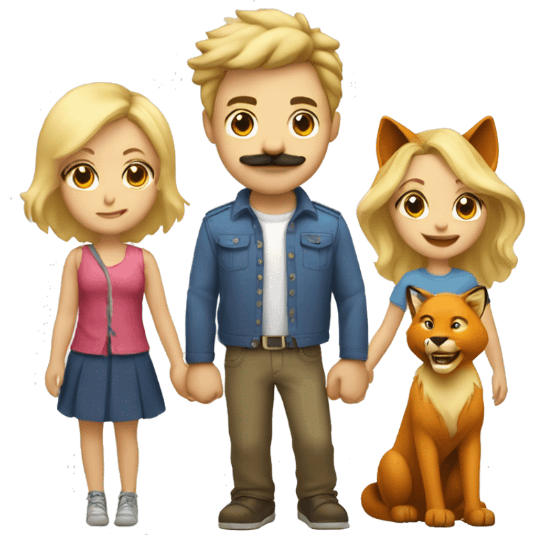 One blonde guy with mustache and one blonde gal kissing and holding hands with a lion on the left and a fox on the right  emoji