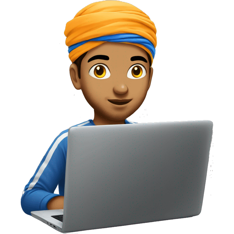 a young sikh boy oimg coding on laptop, emoji