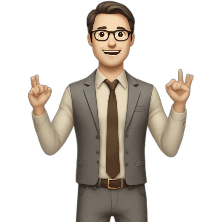 To belt Actively gesturing with hands Okay Pale skinned fit man with dark brown hair in gray jacket, beige office shirt, brown tie, brown pants and vintage glasses. emoji