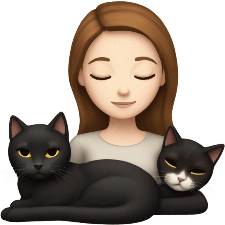 White girl brown hair sleeping, cuddle two black cats emoji