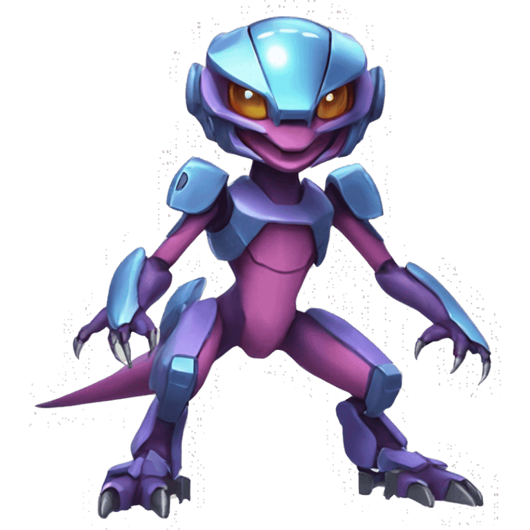 a shiny Genesect-Raptor-Fakémon—hybrid with a futuristic visor-helmet full body emoji