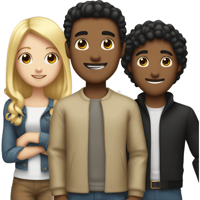 three friends, a blond girl, a tall brown guy with black hair, and another black hair  white guy emoji