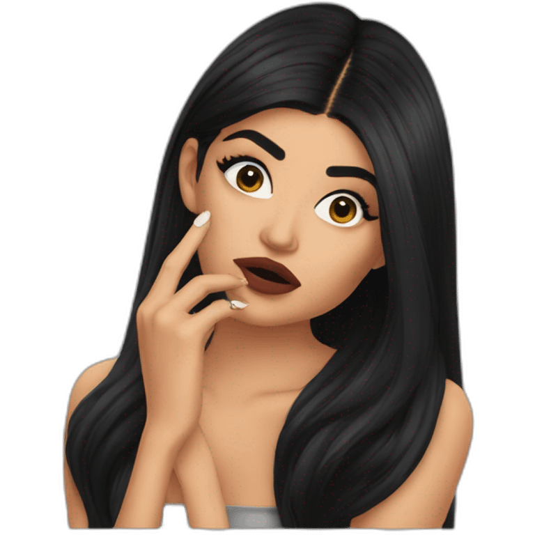 Kylie Jenner wondering and holding her finger on her lips emoji