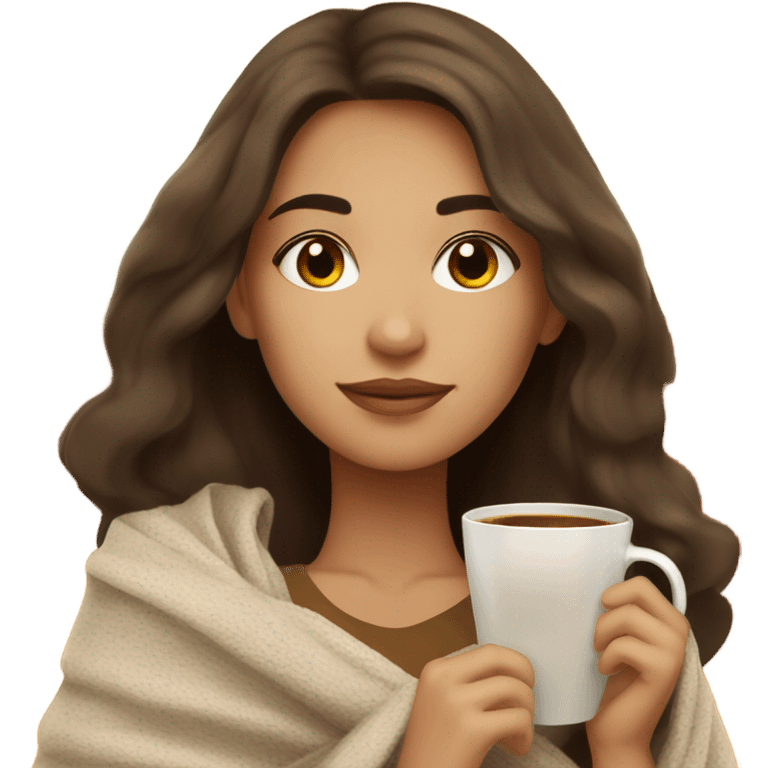 Brunette girl autumn with blanket and coffee emoji