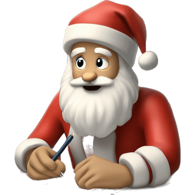 White Father Christmas is sitting on a desk, writing something down on a sheet of paper, solving complicated math puzzles, you can see the math tasks/ exercises emoji