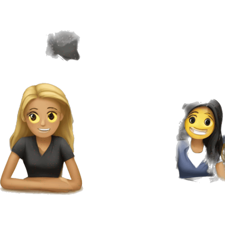 2 European students sitting at desks and speaking to each other. emoji