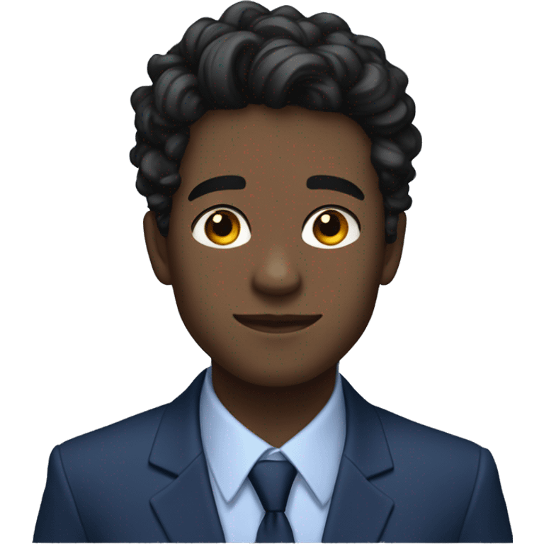 26 year old male portrait, small yes, black wavy hair, blue suits, class emoji