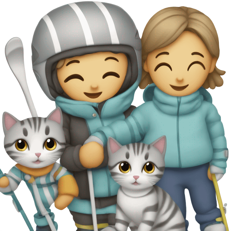 Infant skiing with its family of five, and one grey striped cat emoji