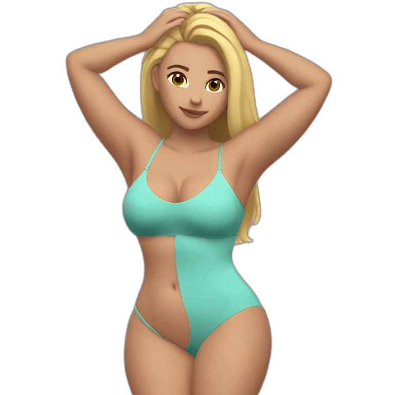 Slim-thicc Caucasian woman bra hands-in-hair pose (beach body) full body emoji