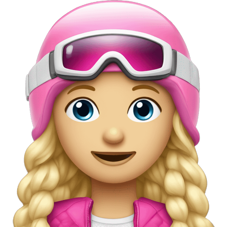 Blondes Mädchen mit geflochtenen Haaren und weißem Skihelm mit pinken Skibrille.  emoji