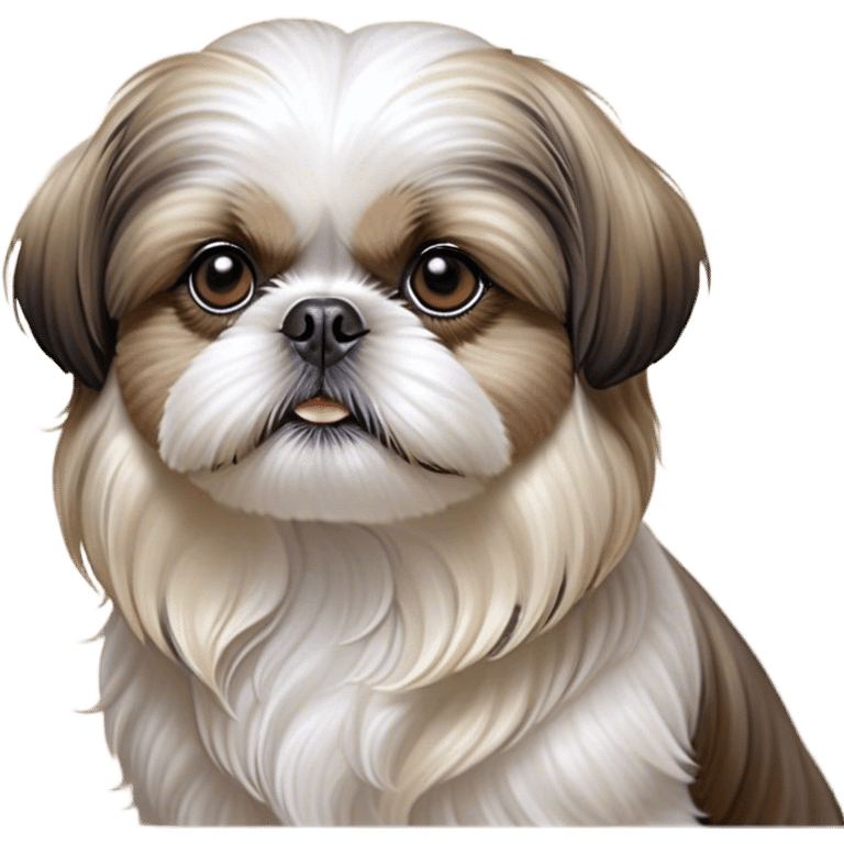 Cinematic Noble Shih Tzu Portrait Emoji, Poised and elegant, with a luxurious, flowing fur in refined muted tones, delicate features and wise, gentle eyes, simplified yet meticulously detailed, glowing with a soft, regal radiance, high shine, exuding quiet dignity and timeless charm, soft glowing outline, capturing the essence of a noble Shih Tzu that epitomizes refined poise! emoji