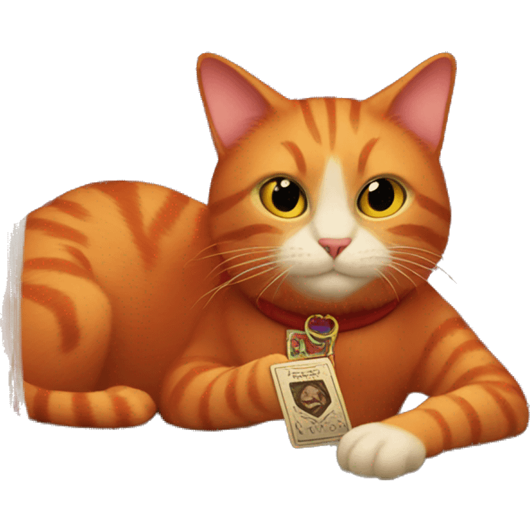 red cat looks at tarot cards emoji