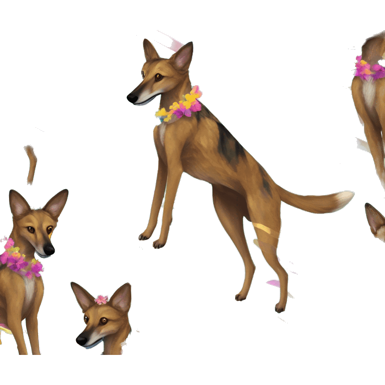  brindle brown black maroon striped lurcher Alsatian fox running blue eyes and iridescent holographic oilslick harness wearing paper iridescent tropical flower crown yellow caution tape emoji