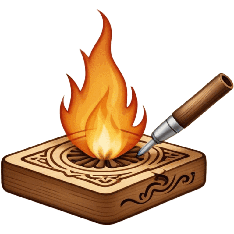 Pyrography icon, wooden surface with intricate burn marks, detailed patterns being burned into wood with a pyrography tool, smoke rising, minimalistic style, clean lines, transparent background. emoji