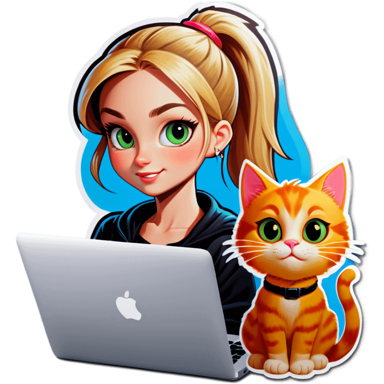 Blonde girl ponytail macBook and a cat emoji