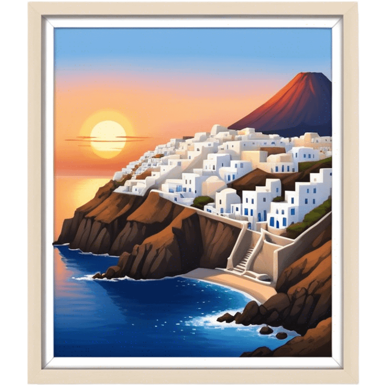 Cinematic Realistic Santorini Caldera Landmark Emoji, featuring white-washed buildings perched on volcanic cliffs, overlooking the deep blue Aegean Sea, with warm sunset hues illuminating the sky and reflecting off the water. emoji