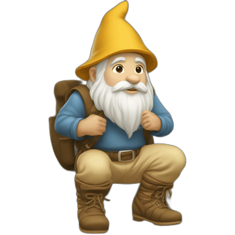 side view of gnome with light tan pants and light tan boots squatting near small brown log emoji