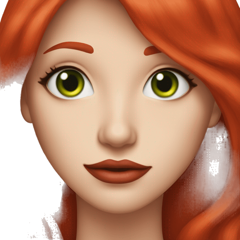 straight long Tomato red hair,red lipstick red,green eyes, white skin and a small nose emoji