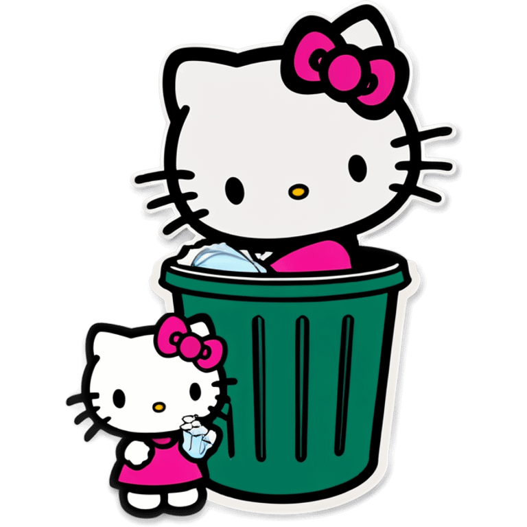 Hello Kitty chucking a baby in the trash and the trash bin says GOODBYE  emoji